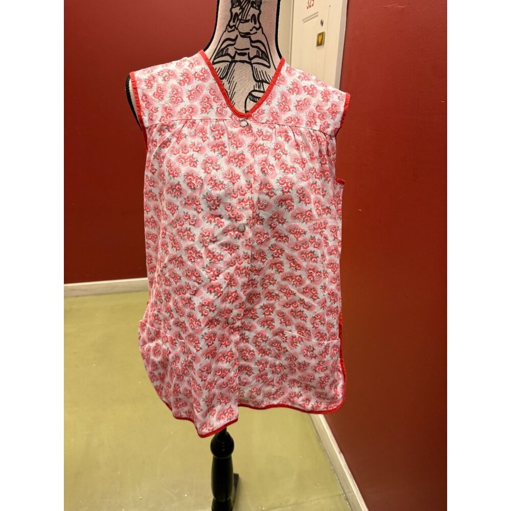 VTG Pink, White, Green Floral Piped Edge Sleeveless Cotton Art Smock